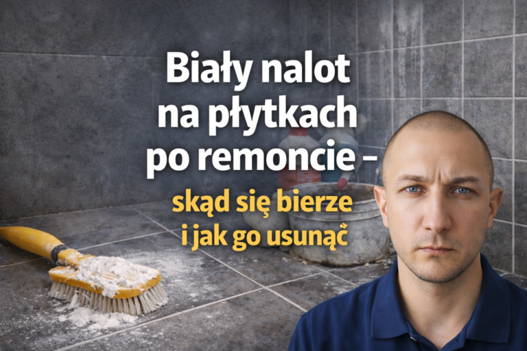 Biały nalot na płytkach po remoncie – grafika artykułu z osadem pobudowlanym